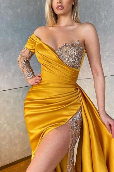 Bmbridal Long Sleeves Yellow Prom Dress Mermaid Split With Sequins Beads_3