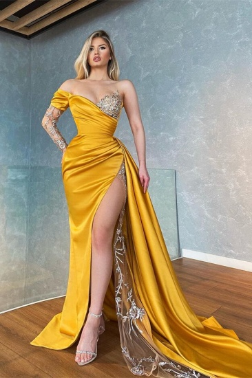 Bmbridal Long Sleeves Yellow Prom Dress Mermaid Split With Sequins Beads_2
