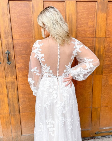 Bmbridal Long Sleeves Lace Wedding Dress A-Line V-Neck_3