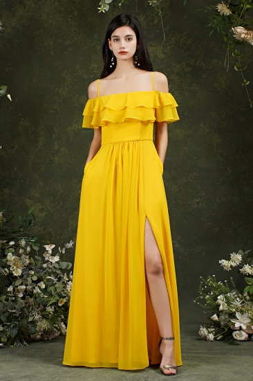 Bmbridal Yellow Off-the-Shoulder Bridesmaid Dress Ruffles With Slit