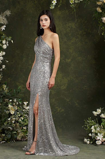 Bmbridal One Shoulder Silver Sequins Bridesmaid Dress Mermaid With Slit_4