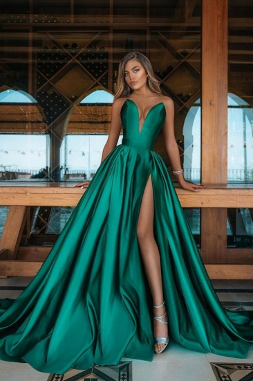 Bmbridal V-Neck Sleeveless Long Prom Dress Emerald Green With Slit