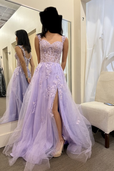 Elegant Appliques Lace A-Line Tulle Floor-length Prom Dress With Side Slit_2