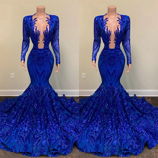 Bmbridal Royal Blue Long Sleeevs Abendkleid Meerjungfrau Pailletten Partykleider_1