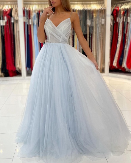 BMbridal Sky Blue Spaghetti-Straps Prom Dress Tulle Long With Beadings_5