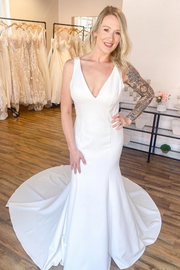 Bmbridal White Satin Wedding Dress Mermaid Open Back_2