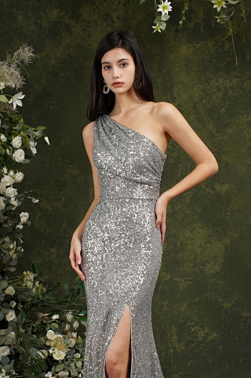 Bmbridal One Shoulder Silver Sequins Bridesmaid Dress Mermaid With Slit_6