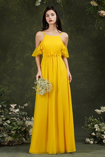 Bmbridal Yellow Halter Chiffon Bridesmaid Dress Long WIth Ruffle