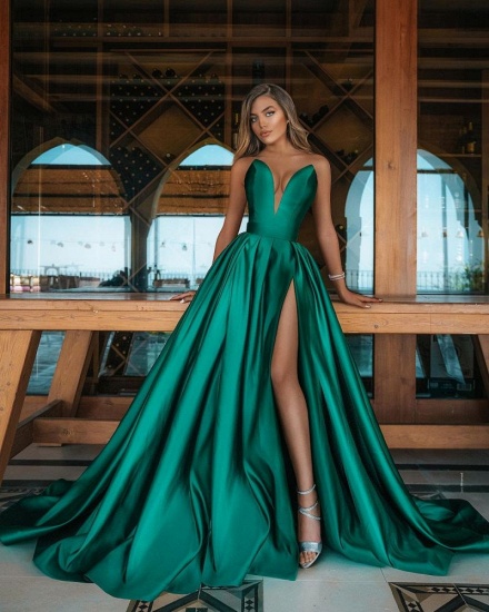 Bmbridal V-Neck Sleeveless Long Prom Dress Emerald Green With Slit_3