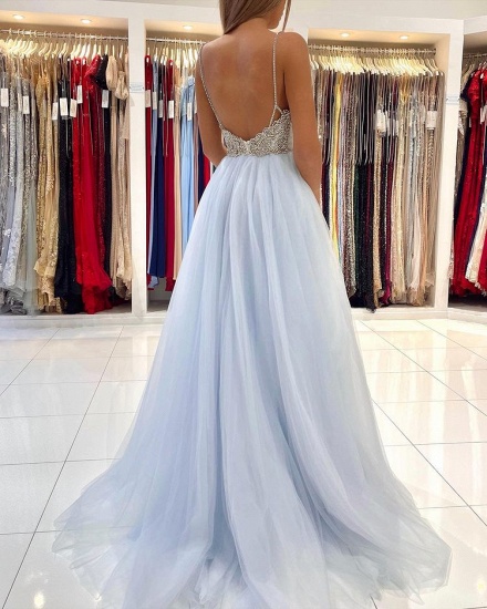 BMbridal Sky Blue Spaghetti-Straps Prom Dress Tulle Long With Beadings_3