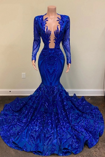 Bmbridal Royal Blue Long Sleeevs Abendkleid Meerjungfrau Pailletten Partykleider_2