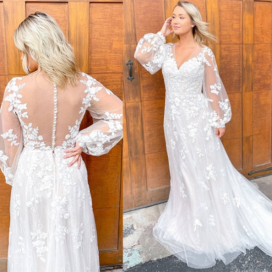 Bmbridal Long Sleeves Lace Wedding Dress A-Line V-Neck_1