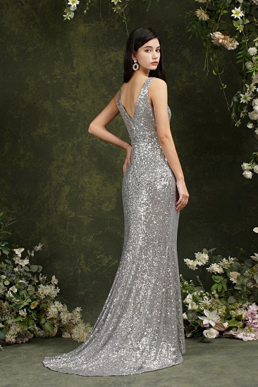 BMbridal Silver Sequins Bridesmaid Dress V-Neck Sleeveless With Slit_9