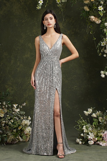 BMbridal Silver Sequins Bridesmaid Dress V-Neck Sleeveless With Slit