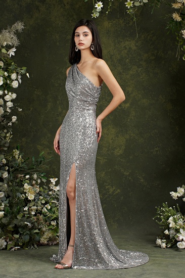 Bmbridal One Shoulder Silver Sequins Bridesmaid Dress Mermaid With Slit_5
