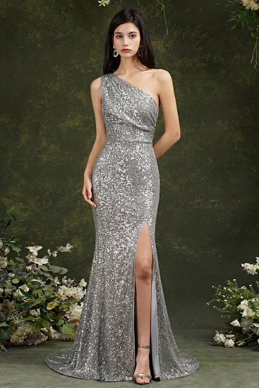Bmbridal One Shoulder Silver Sequins Bridesmaid Dress Mermaid With Slit_1