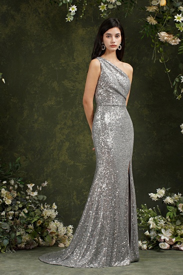 Bmbridal One Shoulder Silver Sequins Bridesmaid Dress Mermaid With Slit_7