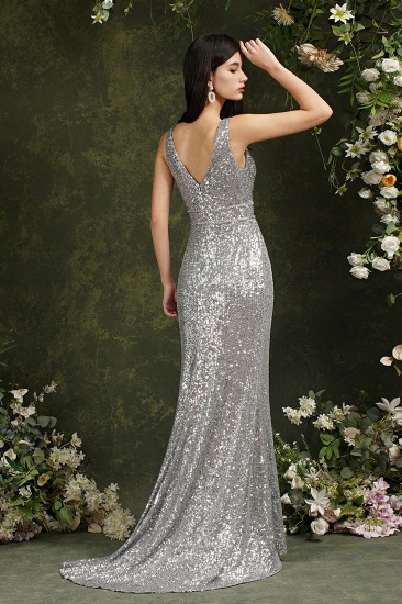 BMbridal Silver Sequins Bridesmaid Dress V-Neck Sleeveless With Slit_10