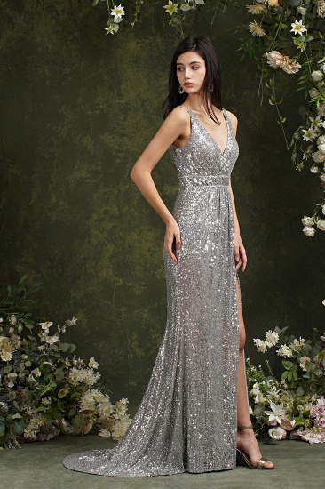 BMbridal Silver Sequins Bridesmaid Dress V-Neck Sleeveless With Slit_7