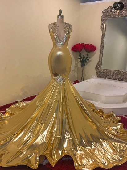 Bmbridal Gold V-Ausschnitt Abendkleid Meerjungfrau ärmellos mit Applikationen_3