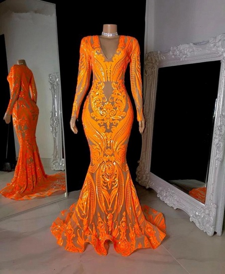 BMbridal Long Sleeves Orange Meerjungfrau Abendkleid Lange Spitze Pailletten_3