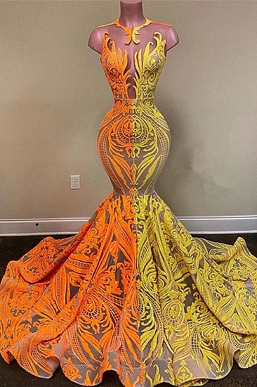 BMbirdal Yellow and Orange Mermaid Prom Dress Long Lace Sequins_2