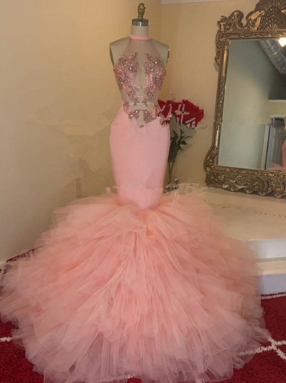 Bmbridal Pink Sleeveless Prom Dress Mermaid High Neck Tulle With Appliques_3