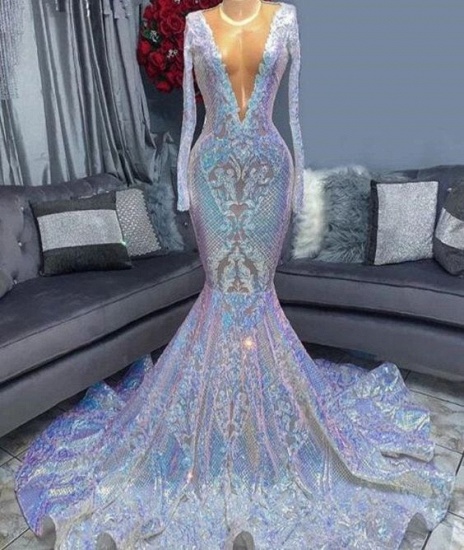 Bmbridal Long Sleeves Mermaid Prom Dress V-Neck Sequins_1