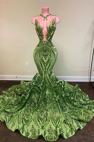 BMbridal Designer Green V-neck Sequins Sleeveless Floor-length Mermaid Prom Dresses_1