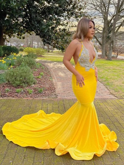 Bmbridal Yellow V-Neck Prom Dress Mermaid Sleeveless With Appliques_3