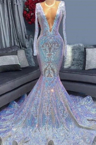 Bmbridal Long Sleeves Mermaid Prom Dress V-Neck Sequins