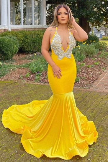 Bmbridal Yellow V-Neck Prom Dress Mermaid Sleeveless With Appliques_2