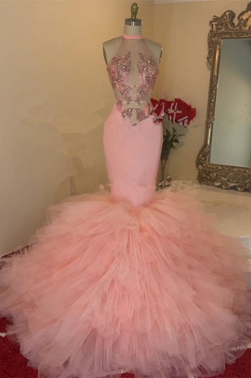 Bmbridal Pink Sleeveless Prom Dress Mermaid High Neck Tulle With Appliques
