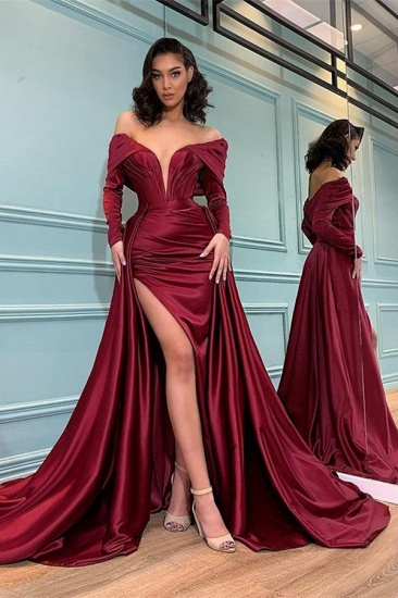 BMbridal Burgundy Long Sleeve Prom Dress Split Off-the-Shoulder Party Gowns