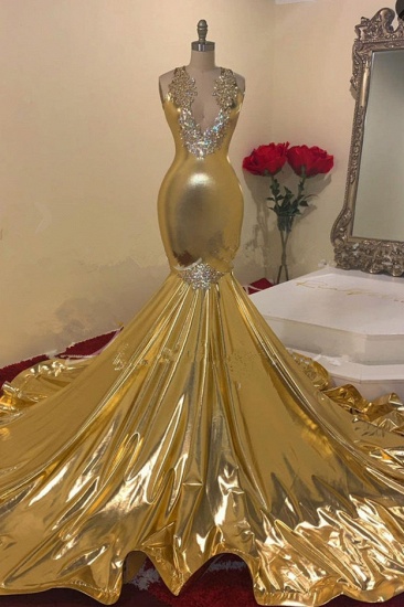 Bmbridal Gold V-Ausschnitt Abendkleid Meerjungfrau ärmellos mit Applikationen_2