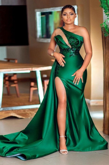 Bmbridal Smaragdgrün One-Shoulder-Abschlussballkleid Meerjungfrau Schlitz mit Pailletten_1