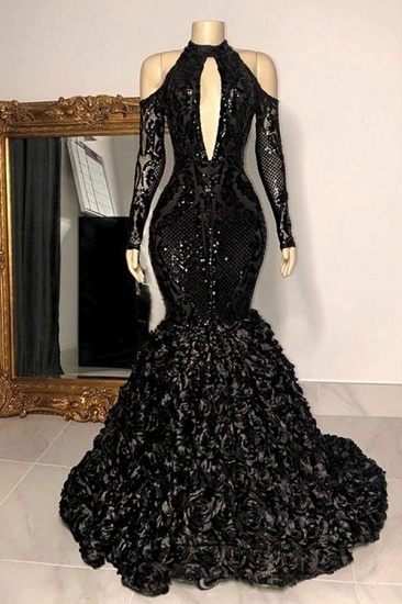 BMbirdal High Neck Black Prom Dress Mermaid Long Sleeve With Flowers Bottom