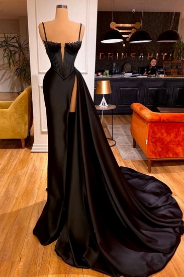 BMbridal Black Spaghetti-Straps Mermaid Prom Dress With Slit