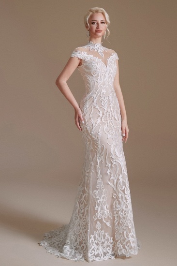 BMbridal Mermaid High Neck Wedding Dress Lace With Cap Sleeves_4