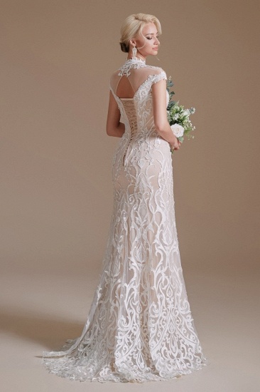BMbridal Mermaid High Neck Wedding Dress Lace With Cap Sleeves_7