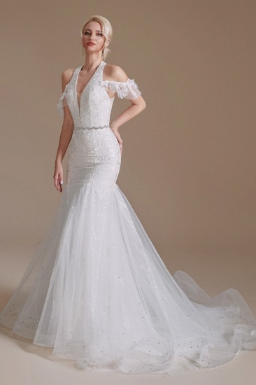 BMbridal Halter V-Neck Mermaid Lace Wedding Dress Long On Sale_6