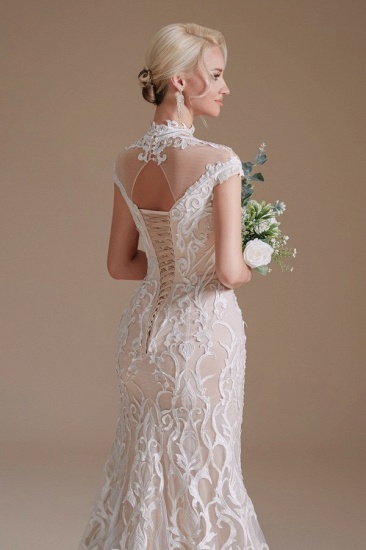 BMbridal Mermaid High Neck Wedding Dress Lace With Cap Sleeves_9