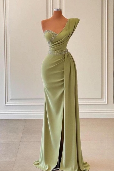 BMbridal Sage Green One Shoulder Mermaid Prom Dress Long With Ruffles