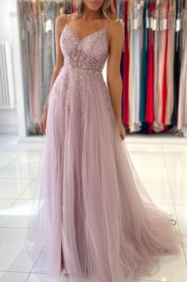 BMbridal Spaghetti-Straps Long Prom Dress Sleeveless Tulle With Beadings_5