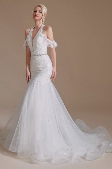 BMbridal Halter V-Neck Mermaid Lace Wedding Dress Long On Sale_7