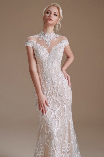 BMbridal Mermaid High Neck Wedding Dress Lace With Cap Sleeves_8