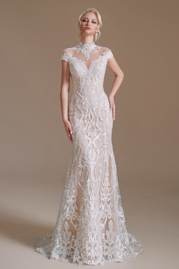 BMbridal Mermaid High Neck Wedding Dress Lace With Cap Sleeves_3