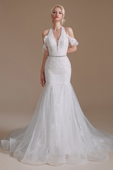 BMbridal Halter V-Neck Mermaid Lace Wedding Dress Long On Sale_2