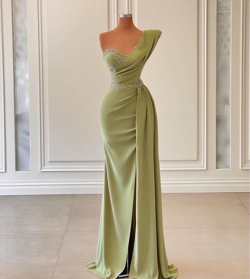 BMbridal Sage Green One Shoulder Mermaid Prom Dress Long With Ruffles_1