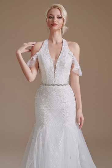 BMbridal Halter V-Neck Mermaid Lace Wedding Dress Long On Sale_8